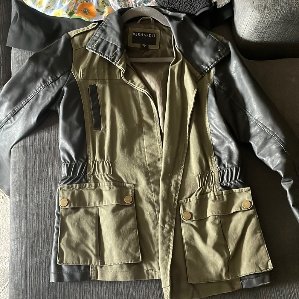 Military Style Fall Jacket with Faux Leather Detail